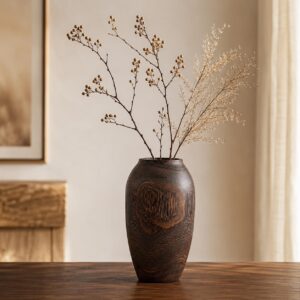 Handmade Eco-Friendly Wooden Vase Set - Natural Solid Paulownia Wood Vases for Home Decor, DIY Hand-Painted Design, Unbreakable Decorative Gift Set (7”, 10”, 12”) (Carbonized Jar Vase 6×10.6in)